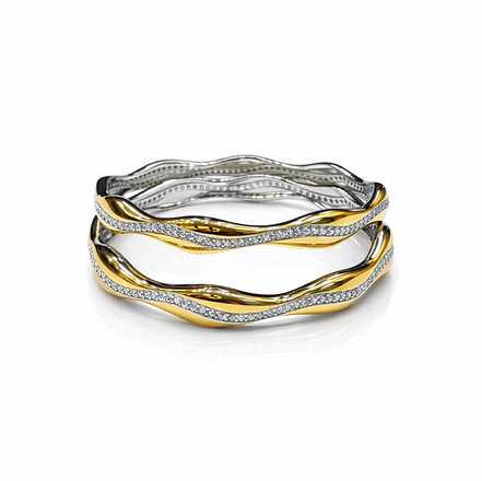 Wave Two-Tone Diamond-Accent 925 Silver Bangle Pair
