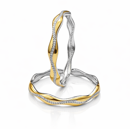 Wave Two-Tone Diamond-Accent 925 Silver Bangle Pair