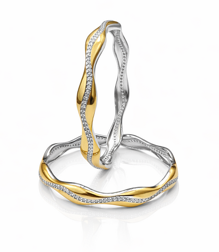 Wave Two-Tone Diamond-Accent 925 Silver Bangle Pair