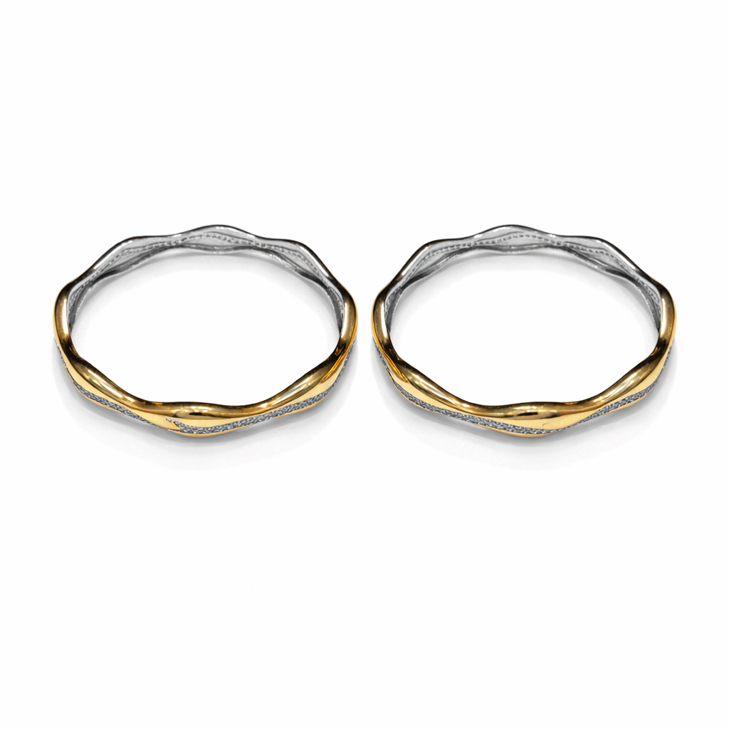 Wave Two-Tone Diamond-Accent 925 Silver Bangle Pair