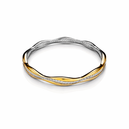 Wave Two-Tone Diamond-Accent 925 Silver Bangle Pair
