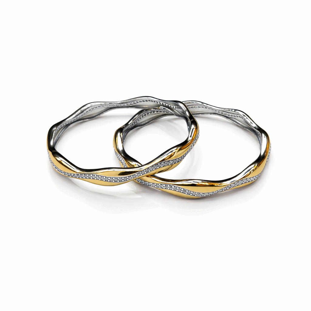 Wave Two-Tone Diamond-Accent 925 Silver Bangle Pair