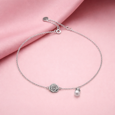 Rose Pearl Bloom 925 Silver Anklet (Single)