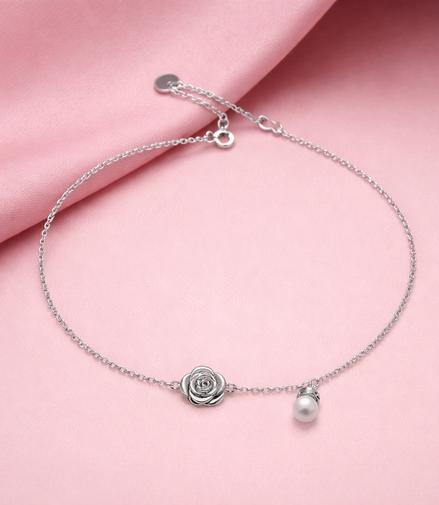 Rose Pearl Bloom 925 Silver Anklet (Single)