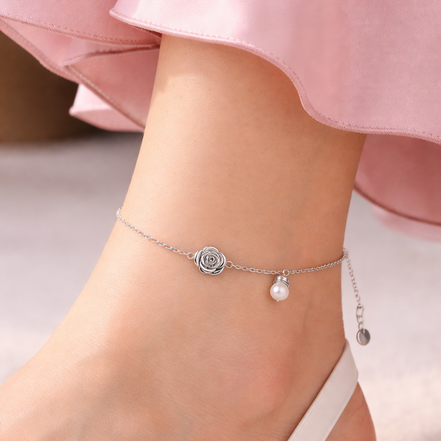 Rose Pearl Bloom 925 Silver Anklet (Single)