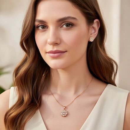 Rose Gold Floral Bloom 925 Silver Pendant & Earring Set