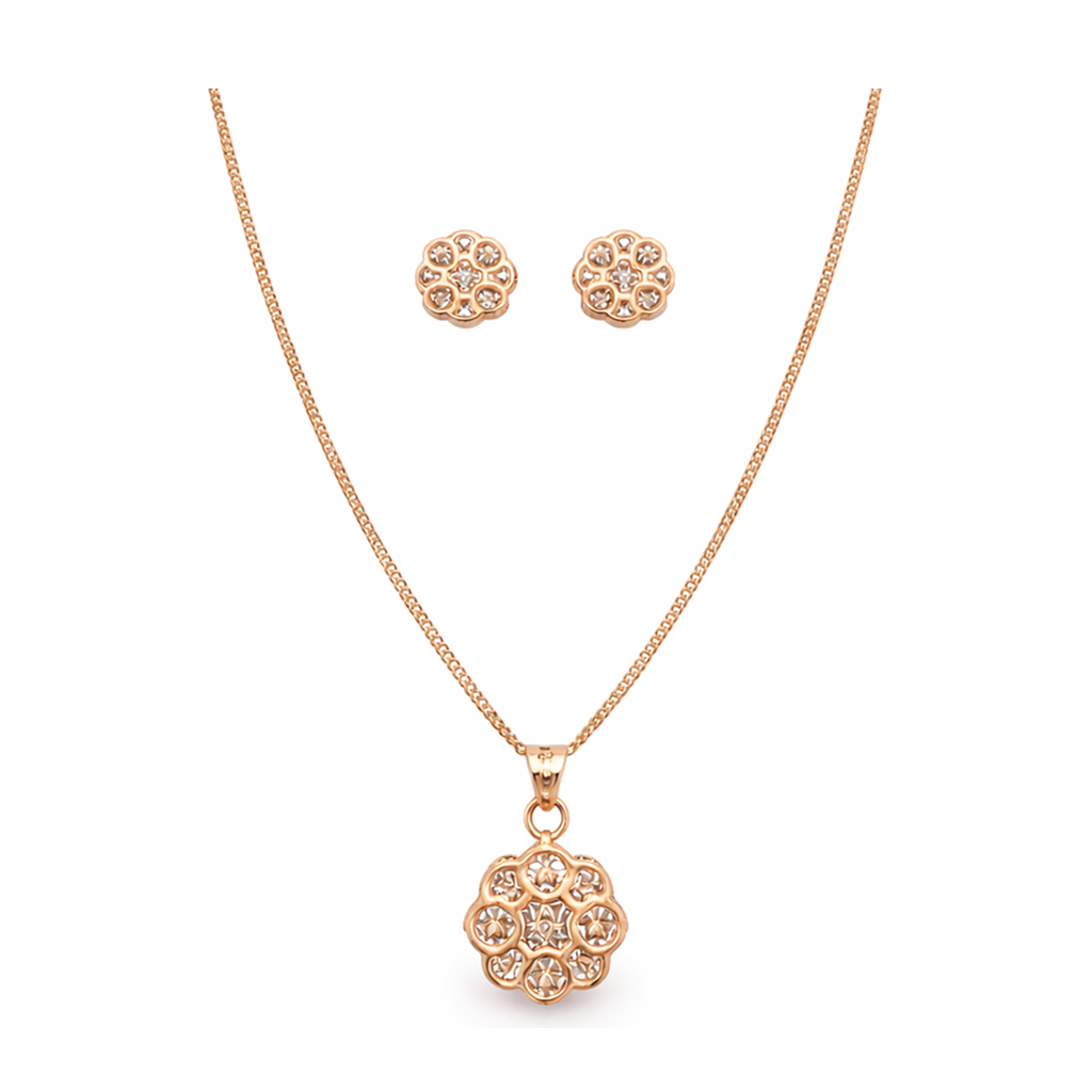 Rose Gold Floral Bloom 925 Silver Pendant & Earring Set