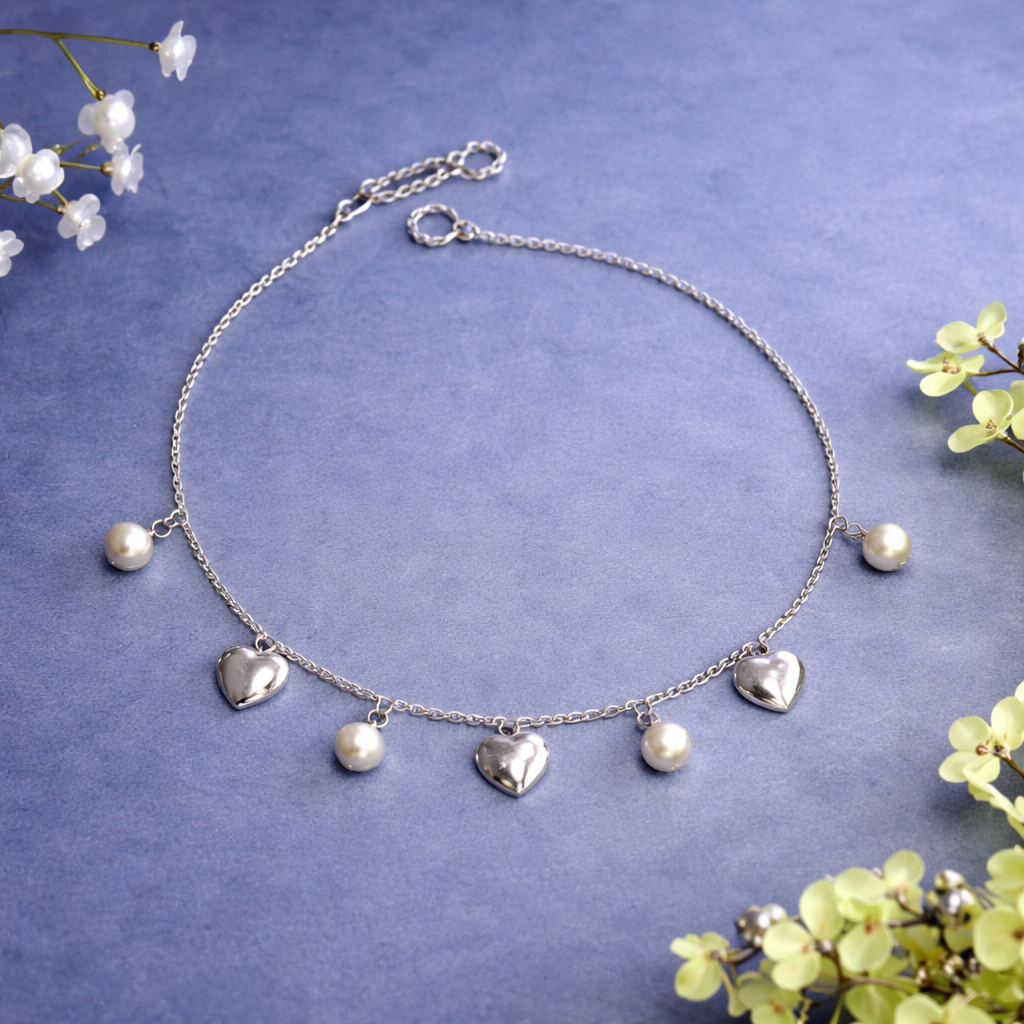 Heart Pearl Charm 925 Silver Payal (Single)