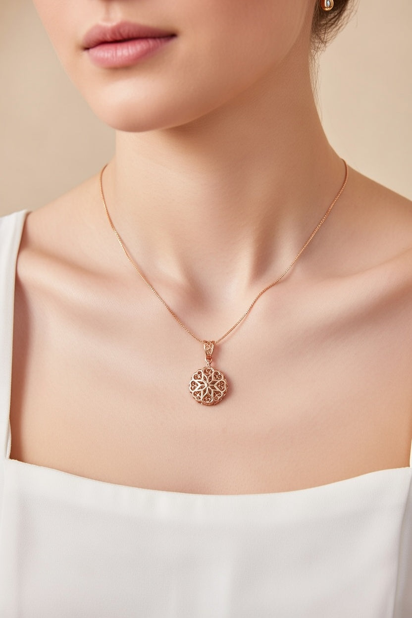 Rose Gold Filigree Starburst 925 Silver Pendant with Chain