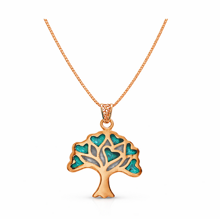 Tree of Love Teal Heart Rose Gold Pendant with Chain