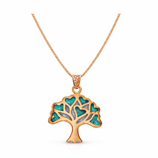 Tree of Love Teal Heart Rose Gold Pendant with Chain