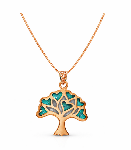 Tree of Love Teal Heart Rose Gold Pendant with Chain
