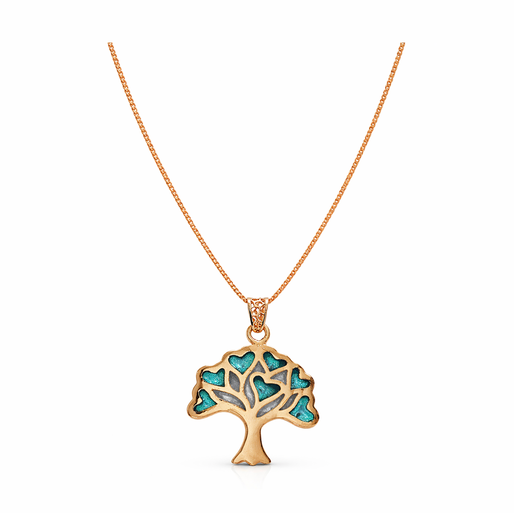 Tree of Love Teal Heart Rose Gold Pendant with Chain