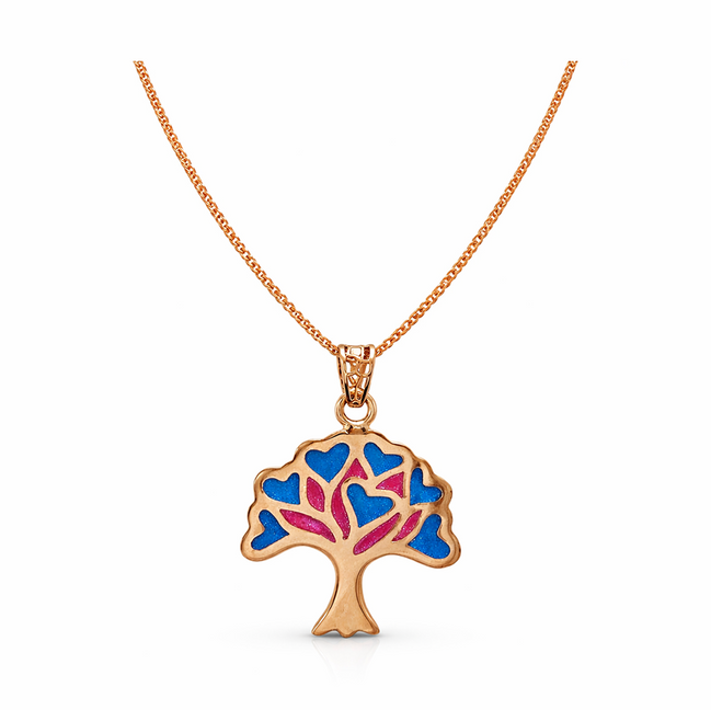 Tree of Love Blue & Pink Enamel Rose Gold Pendant with Chain