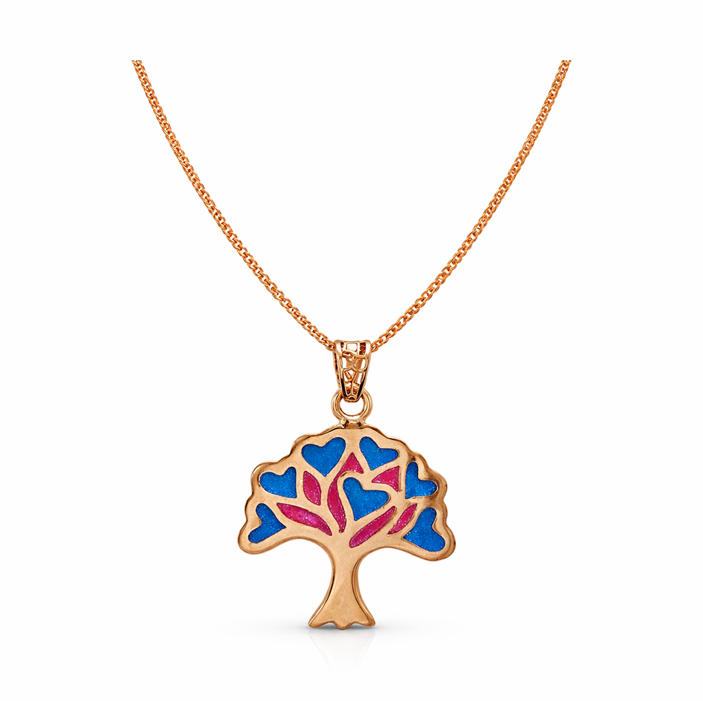 Tree of Love Blue & Pink Enamel Rose Gold Pendant with Chain