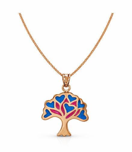 Tree of Love Blue & Pink Enamel Rose Gold Pendant with Chain