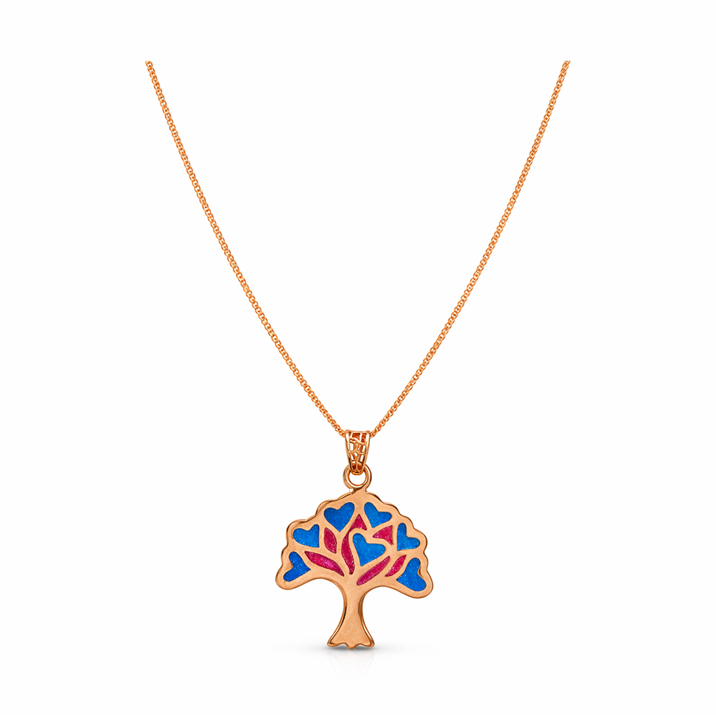 Tree of Love Blue & Pink Enamel Rose Gold Pendant with Chain