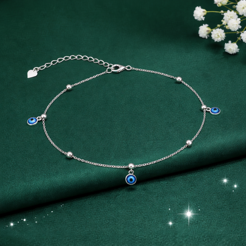 Ethereal Evil Eye Silver Payal (Pair)