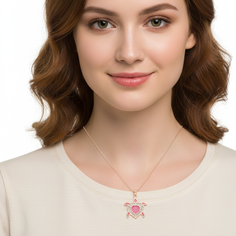 Blush Heart Turtle 92.5 Sterling Silver Pendant with Chain