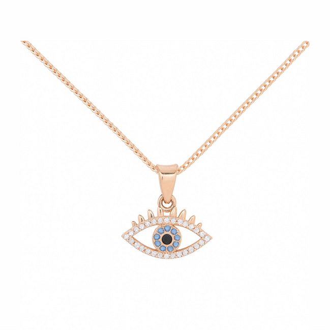 925 Silver Rose Gold Plated Neelora Evil Eye Blue Stones & Cubic Zirconia Pendant with Chain
