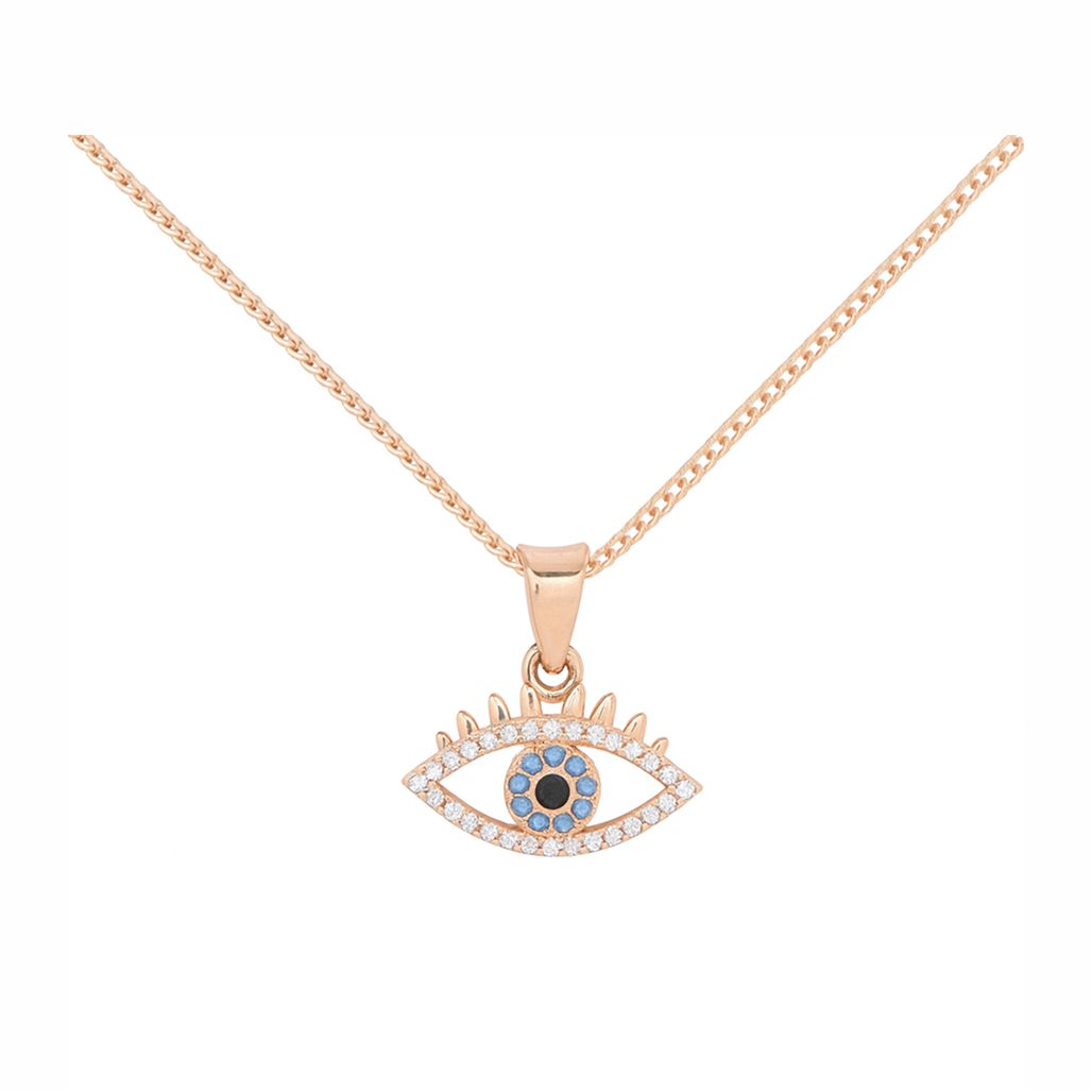 925 Silver Rose Gold Plated Neelora Evil Eye Blue Stones & Cubic Zirconia Pendant with Chain