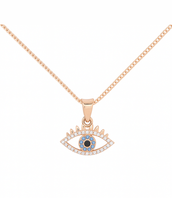 925 Silver Rose Gold Plated Neelora Evil Eye Blue Stones & Cubic Zirconia Pendant with Chain