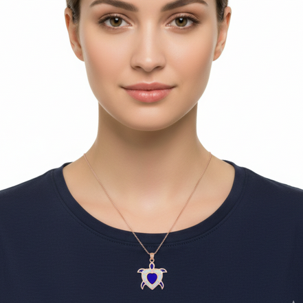 Sapphire Heart Turtle 92.5 Sterling Silver Pendant with Chain