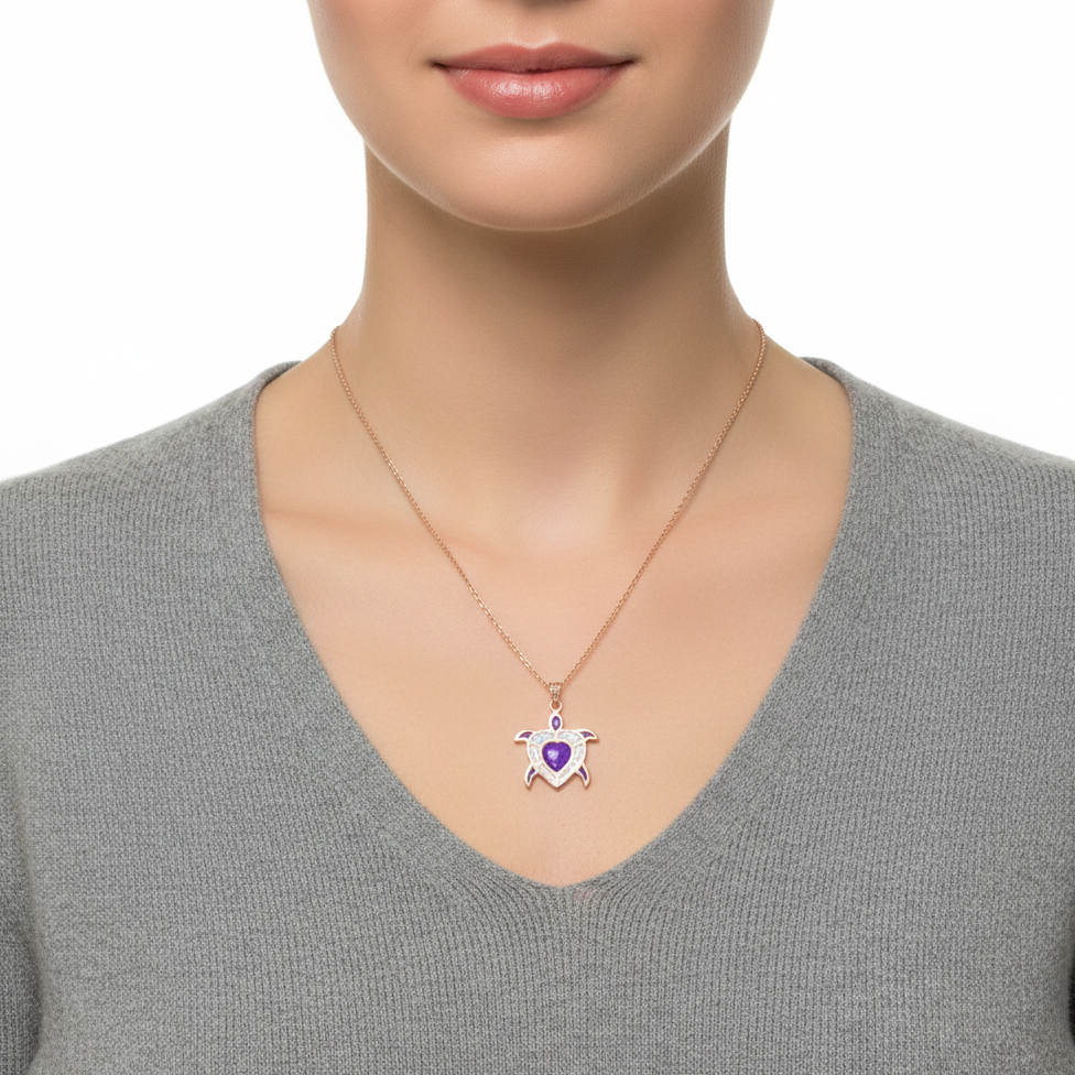 Amethyst Heart Turtle 92.5 Sterling Silver Pendant with Chain