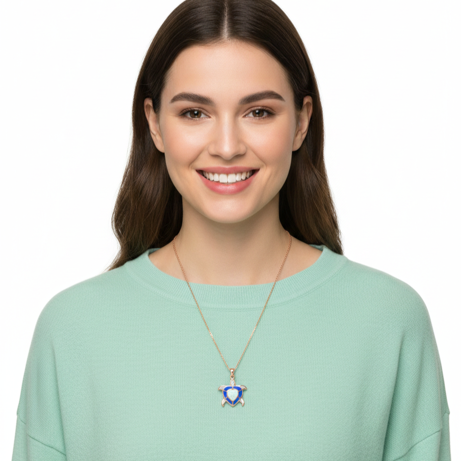 Ocean Glow Heart Turtle 92.5 Sterling Silver Pendant with Chain