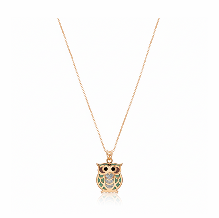Emerald Wisdom Owl 92.5 Sterling Silver Pendant with Chain
