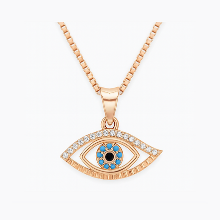 925 Silver Rose Gold Plated Turqara Evil Eye Turquoise & Cubic Zirconia Accents Pendant with Chain