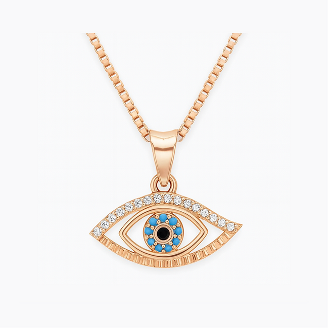 925 Silver Rose Gold Plated Turqara Evil Eye Turquoise & Cubic Zirconia Accents Pendant with Chain