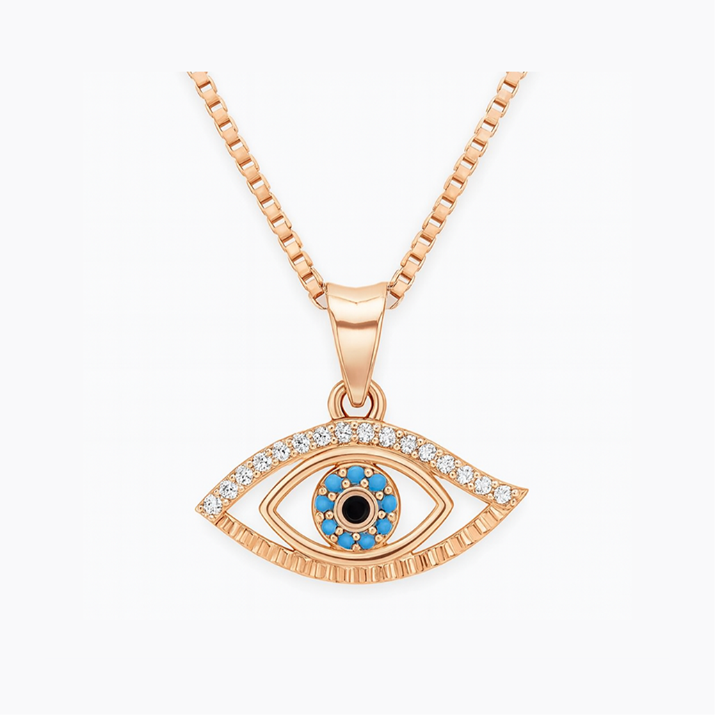 925 Silver Rose Gold Plated Turqara Evil Eye Turquoise & Cubic Zirconia Accents Pendant with Chain