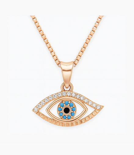 925 Silver Rose Gold Plated Turqara Evil Eye Turquoise & Cubic Zirconia Accents Pendant with Chain