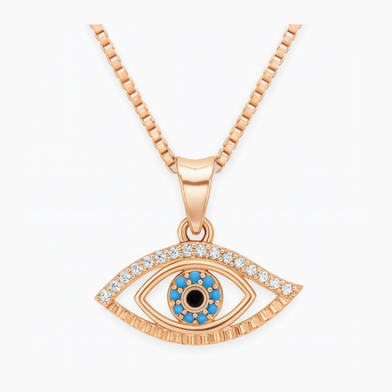 925 Silver Rose Gold Plated Turqara Evil Eye Turquoise & Cubic Zirconia Accents Pendant with Chain