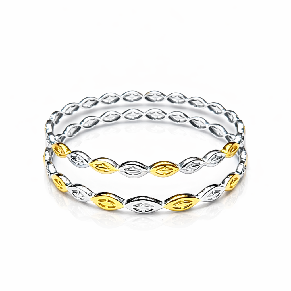 Elara Leaf Two-Tone 925 Silver Bangle Pair