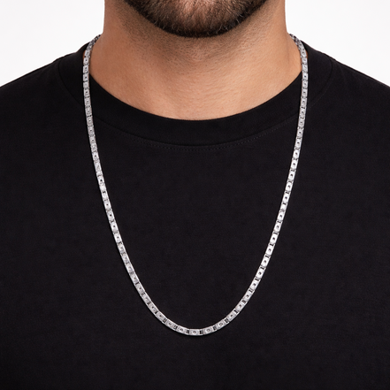 Silver Rectangular Box Link Chain for Men | Diamond-Cut Pattern For Him