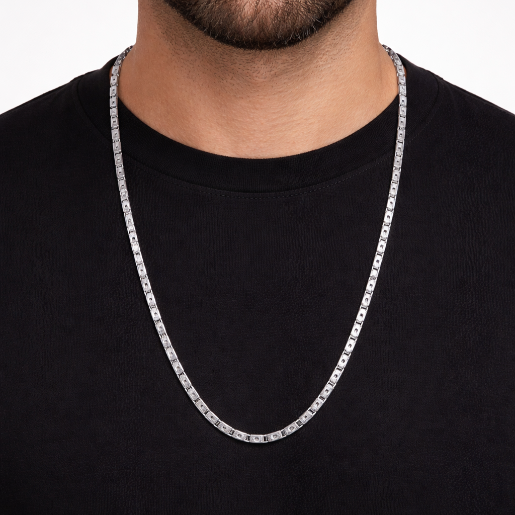 Silver Rectangular Box Link Chain for Men | Diamond-Cut Pattern For Him