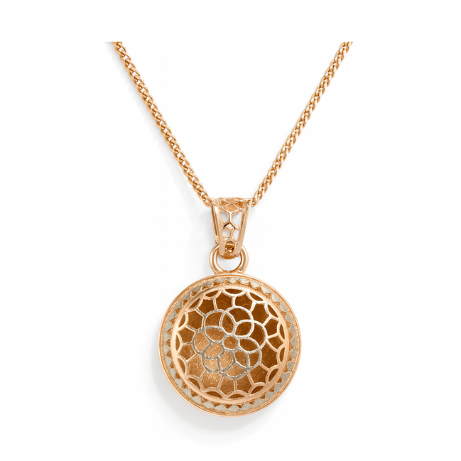 925 Silver Rose Gold Plated Roselace Bloom Round Floral Laser-Cut Pendant with Chain