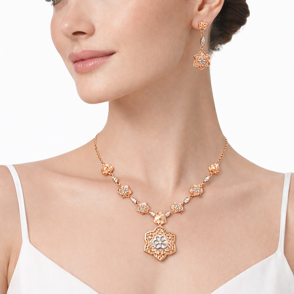 Floral Rosette Necklace with Matching Earrings