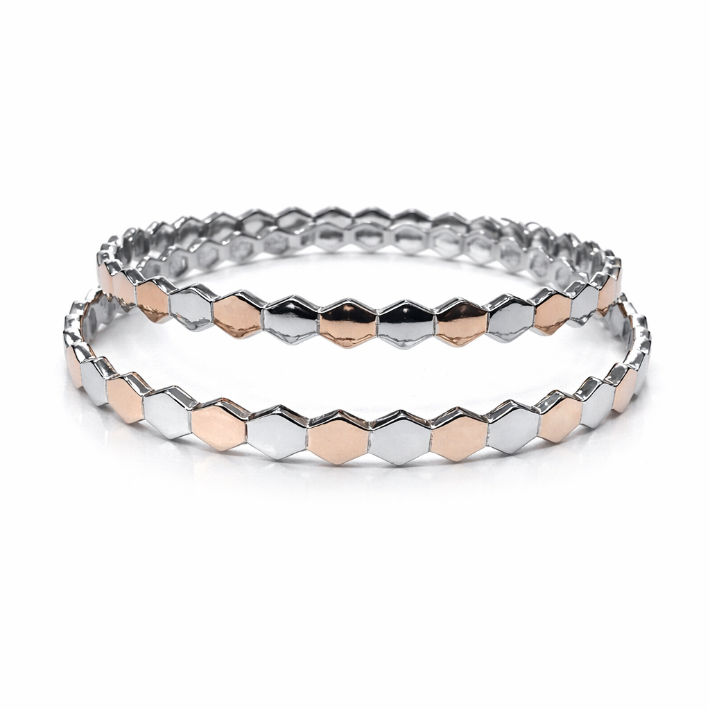 Hexa Luxe Two-Tone 925 Silver Bangle Pair